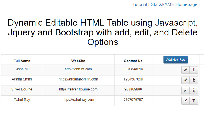 Stier vereist fee Editable HTML Table Using Javascript/Jquery With Add Edit Delete Rows